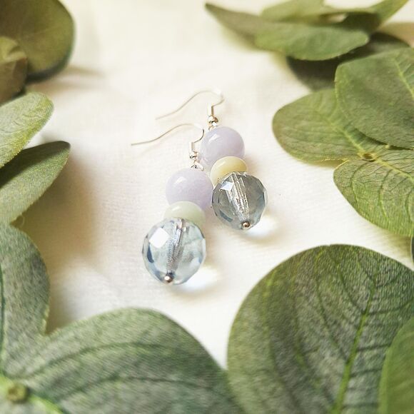 Pastel Aquamarine, Amazonite & Pale Blue Glass Drop Earrings, Fairycore Dangles - Picture 8 of 11